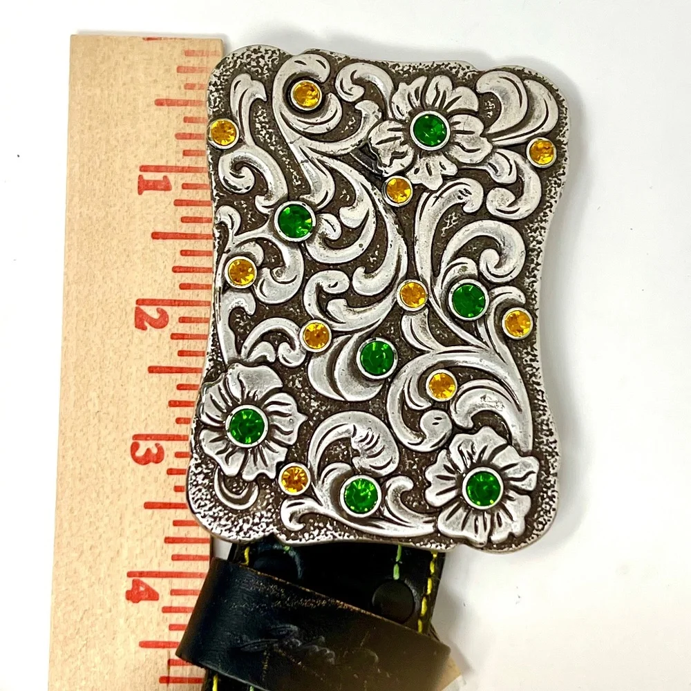 John Deere women's Black Embossed Leather Belt with Rhinestone Buckle sz XL NWOT